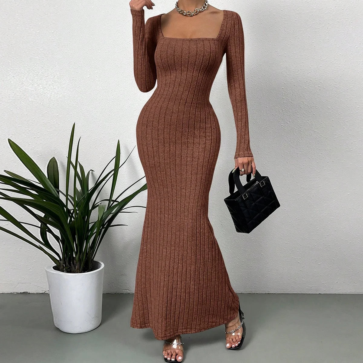 Retro Square Neck Knitted Midi Dress