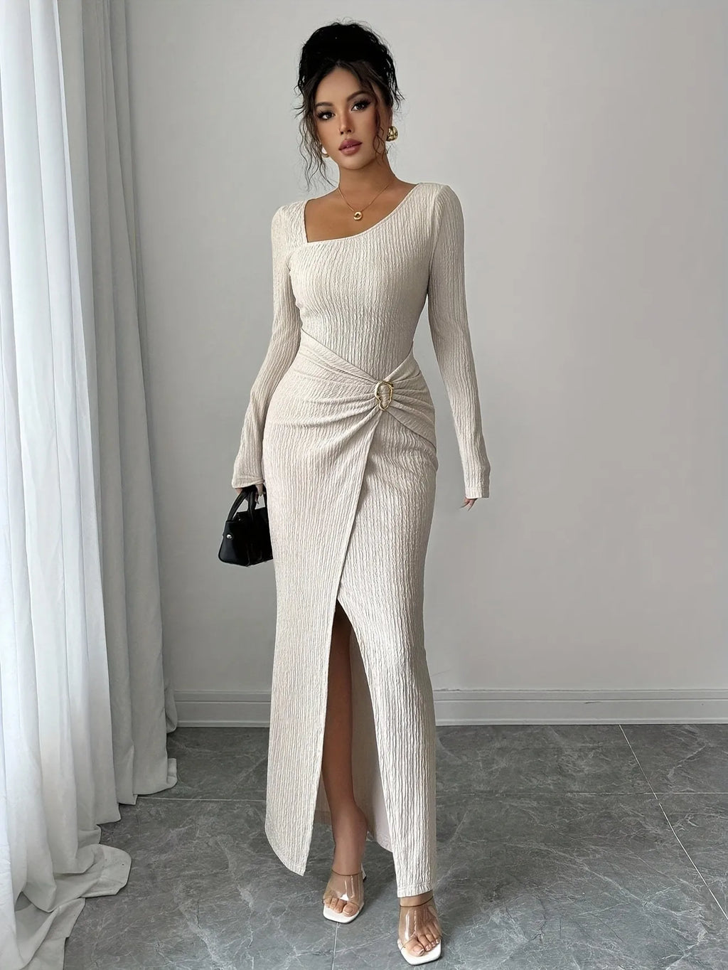 Textured Long Sleeve Elegant Dress