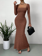Retro Square Neck Knitted Midi Dress