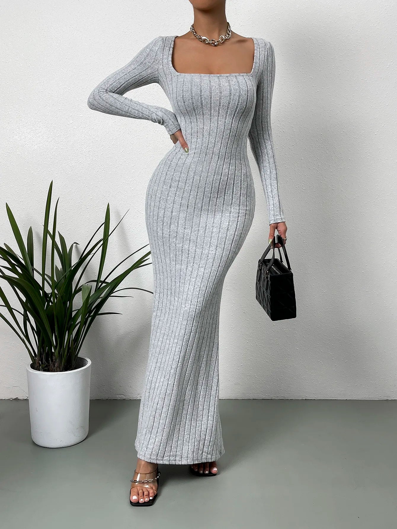 Retro Square Neck Knitted Midi Dress