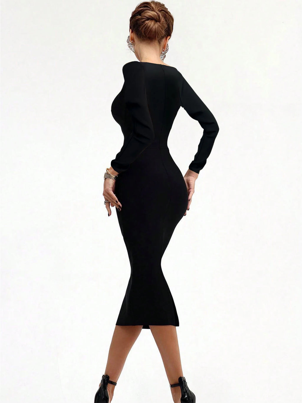 Black V-Neck Midi Bodycon Dress