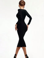 Black V-Neck Midi Bodycon Dress