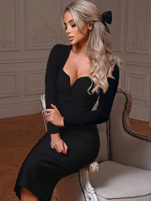Black V-Neck Midi Bodycon Dress