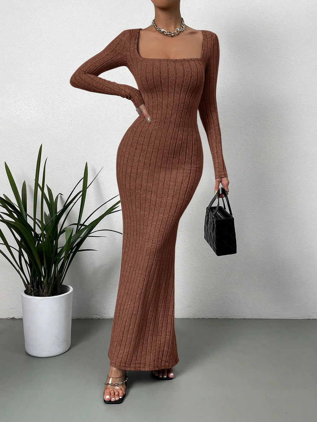 Retro Square Neck Knitted Midi Dress