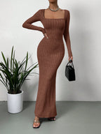 Retro Square Neck Knitted Midi Dress
