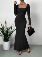 Retro Square Neck Knitted Midi Dress